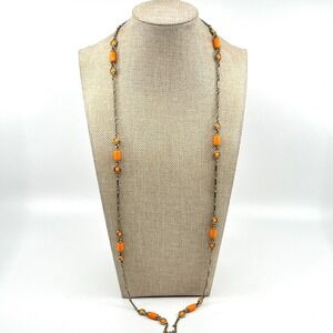 Vintage Orange Enamel Bar Link Station Necklace Silver Tone Mod‎ 36" Spring Ring